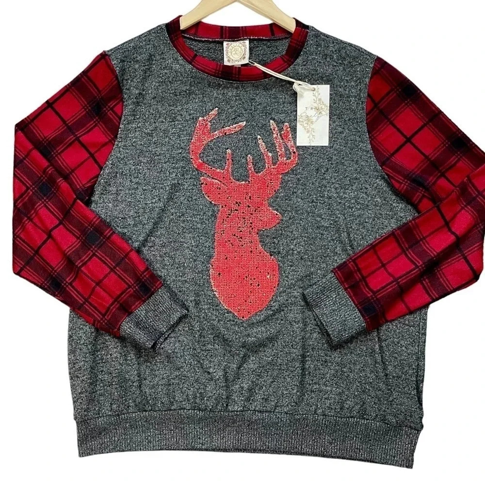 NWT Truself Plus Size Plaid Holiday Glitter Reindeer Sweater